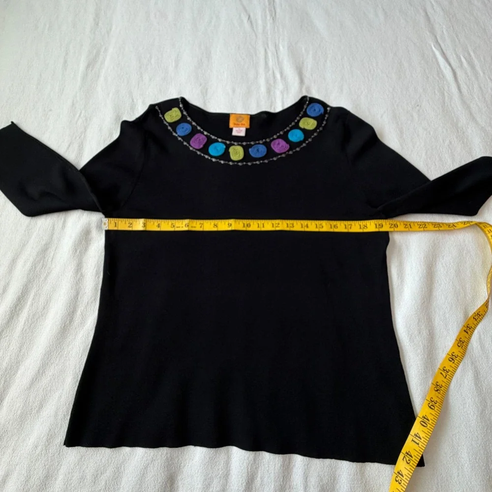 Ruby Rd Womens XL Black Knit Top Embellished Spiral Neckline Long Sleeve NWT